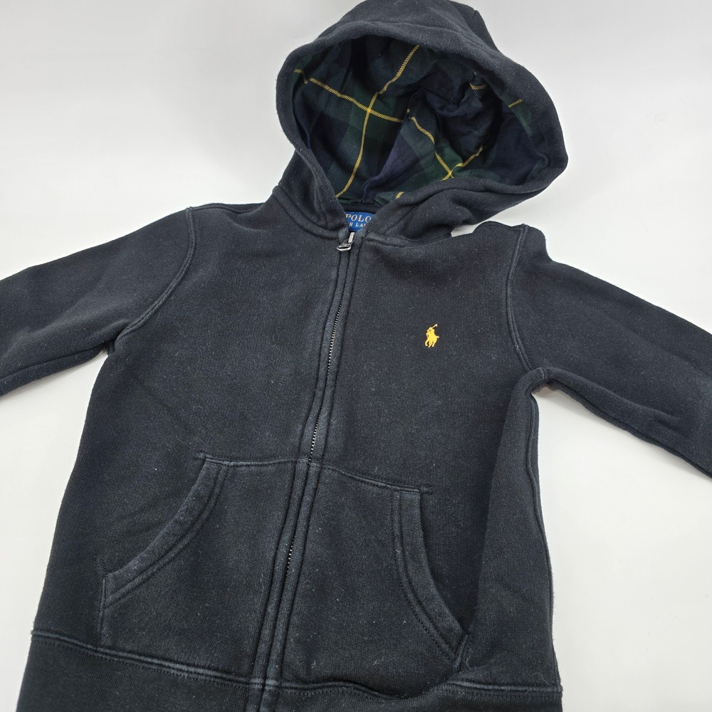 Polo Ralph Lauren Hoodie Kids Plaid Lined Full Zip Fleece Black‎ Size 5